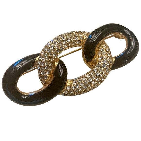 CHRISTIAN DIOR vtg. brooch w/hallmark - black enamel gold & Swarovski crystals!